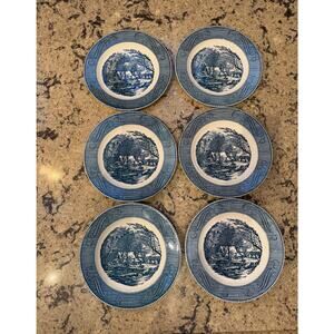 Set of 6 Vintage Currier & Ives Blue 10” Dinner Plates The Old Grist Mill